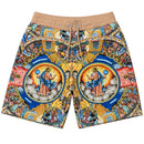 FRESH N FITTED Men's Renaissance print shorts with tan waistband and drawstring. Multi-color.