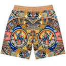 FRESH N FITTED Men's multi-color all-over print shorts with religious iconography and rhinestone accents.