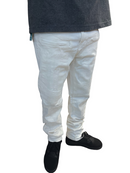 FRESH N FITTED De Largent white denim jeans with distressed details and moto-style ribbed panels on the knees.