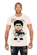 Fresh N Fitted white cotton tee with rhinestone Scarface graphic and quote. Short sleeve, crew neck.