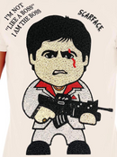FRESH N FITTED white cotton t-shirt with rhinestone graphic of Scarface character and quote.