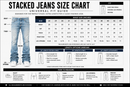 A stacked jeans size chart infographic with a labeled front view of jeans showing hip, waist, thigh, and inseam measurements, plus a waist size table, length tables for straight and slim fits, and how-to-measure icons.
